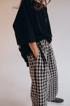 Baggy lniane checkered kids owo x awake